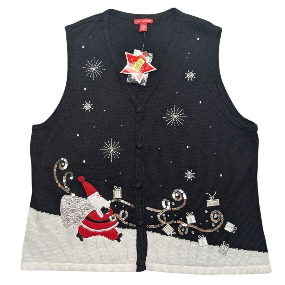 NWT Merry & Bright Christmas Sweater Vest Women XL Black Santa Sequin Embroidery